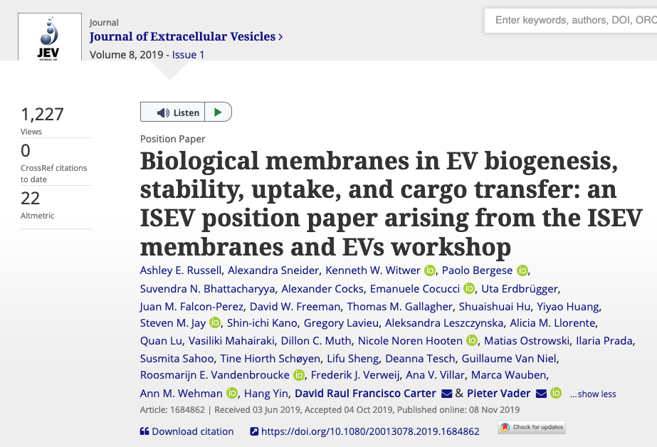Paper: Biological membranes in EV biogenesis, stability, uptake, and cargo transfer: an ISEV position paper arising from the ISEV membranes and EVs workshop